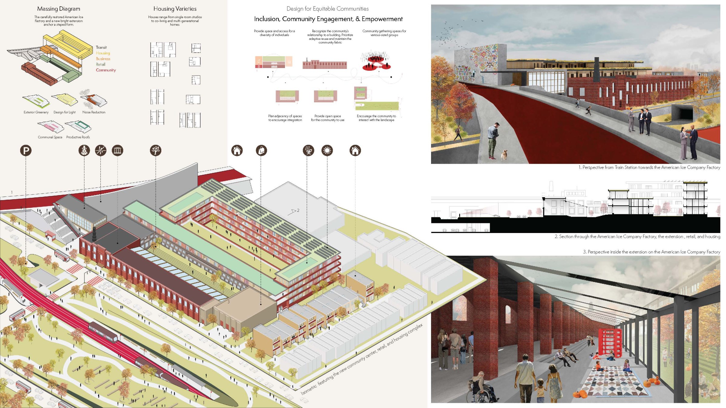 Page of perspective and plan drawings from the winning student competition design "Restoring Common Ground."