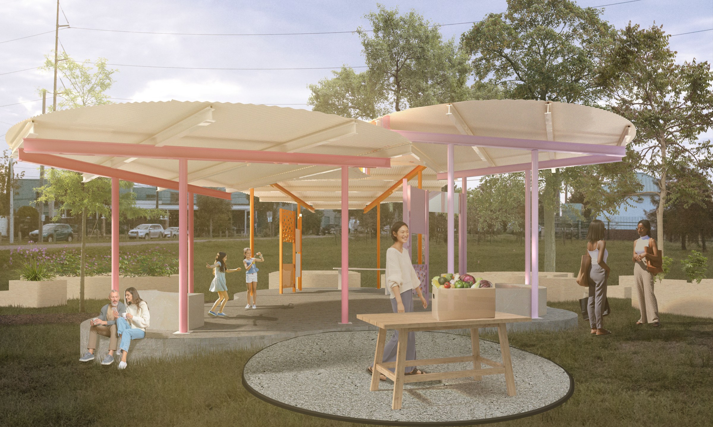 Digital perspective drawing of Sprout House outdoor pavilion shade structure.