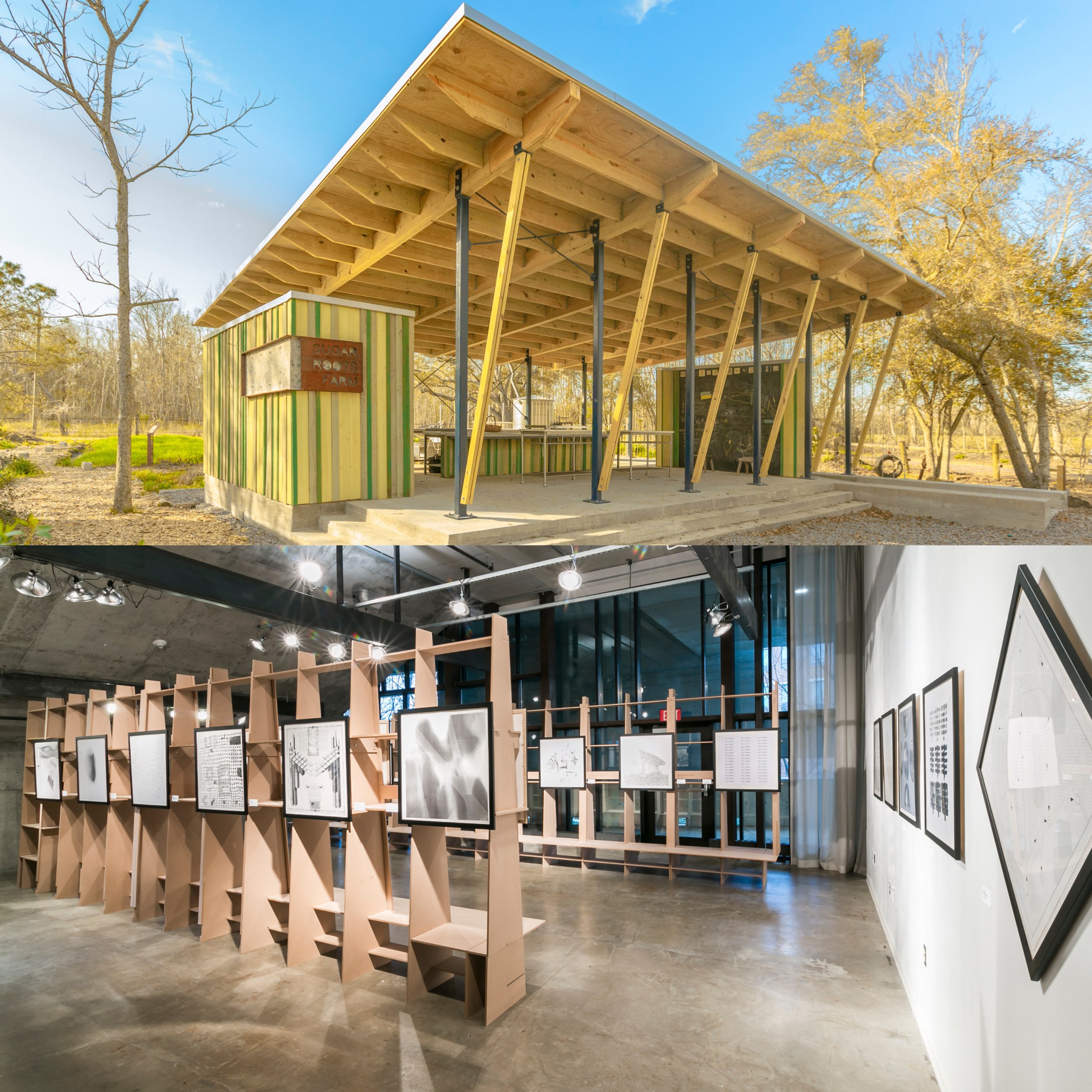 Two photos: top is side view of the Sugar Roots Farm outdoor classroom pavilion; bottom is an interior gallery space with framed images from the book Drawing Codes. 