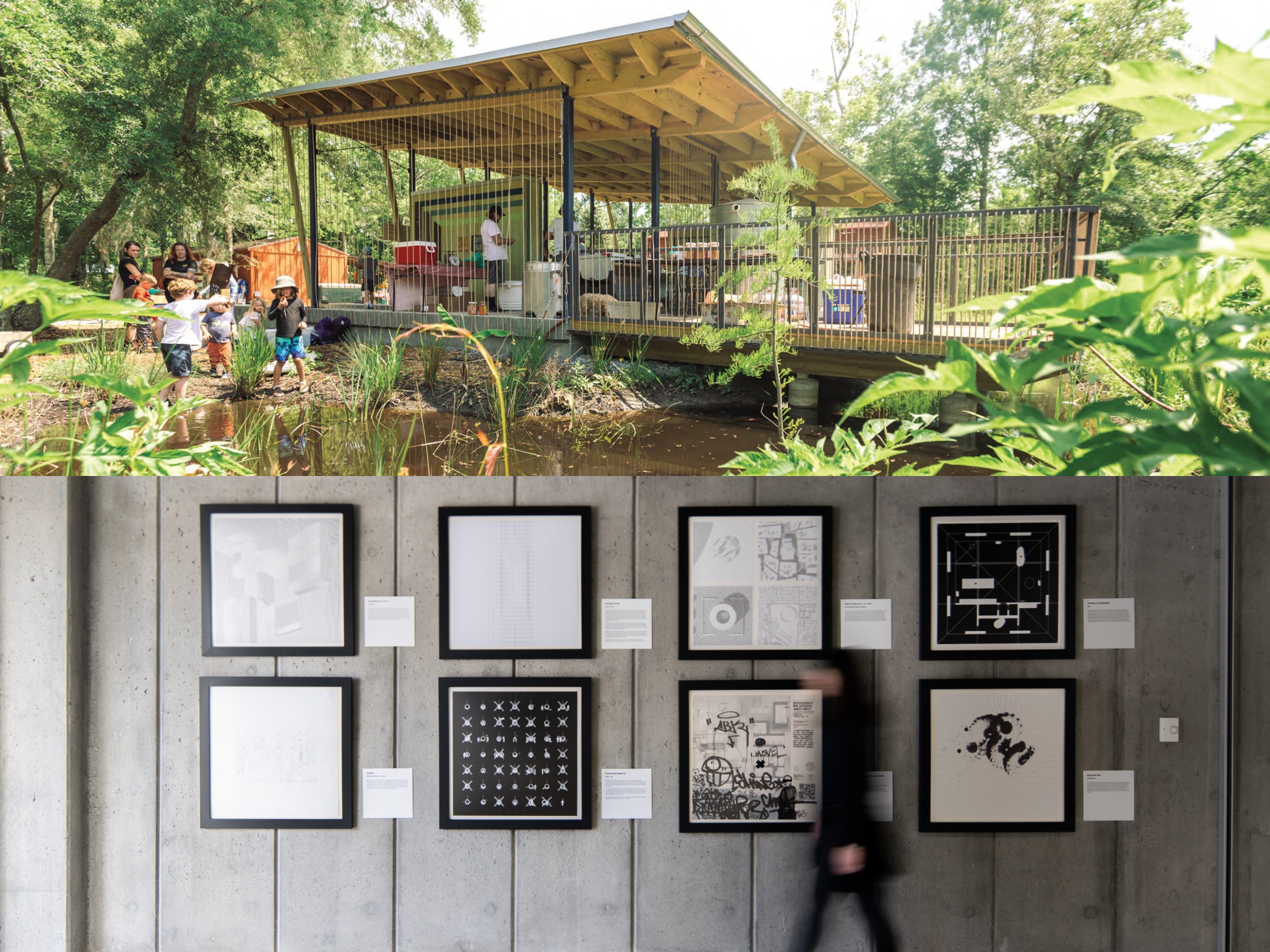 two photos: top is a view of the Sugar Roots outdoor classroom pavilion surrounded by lush foliage and an adjacent pond in the foreground; the bottom is a view of a gallery space exhibiting eight framed images from the Drawing Codes book on a concrete wall.