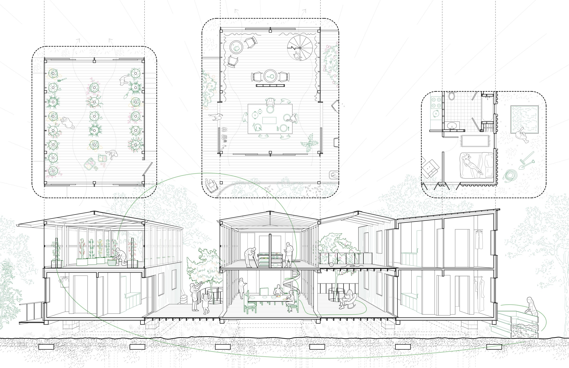 Elevation line drawing of a sustainably built community.