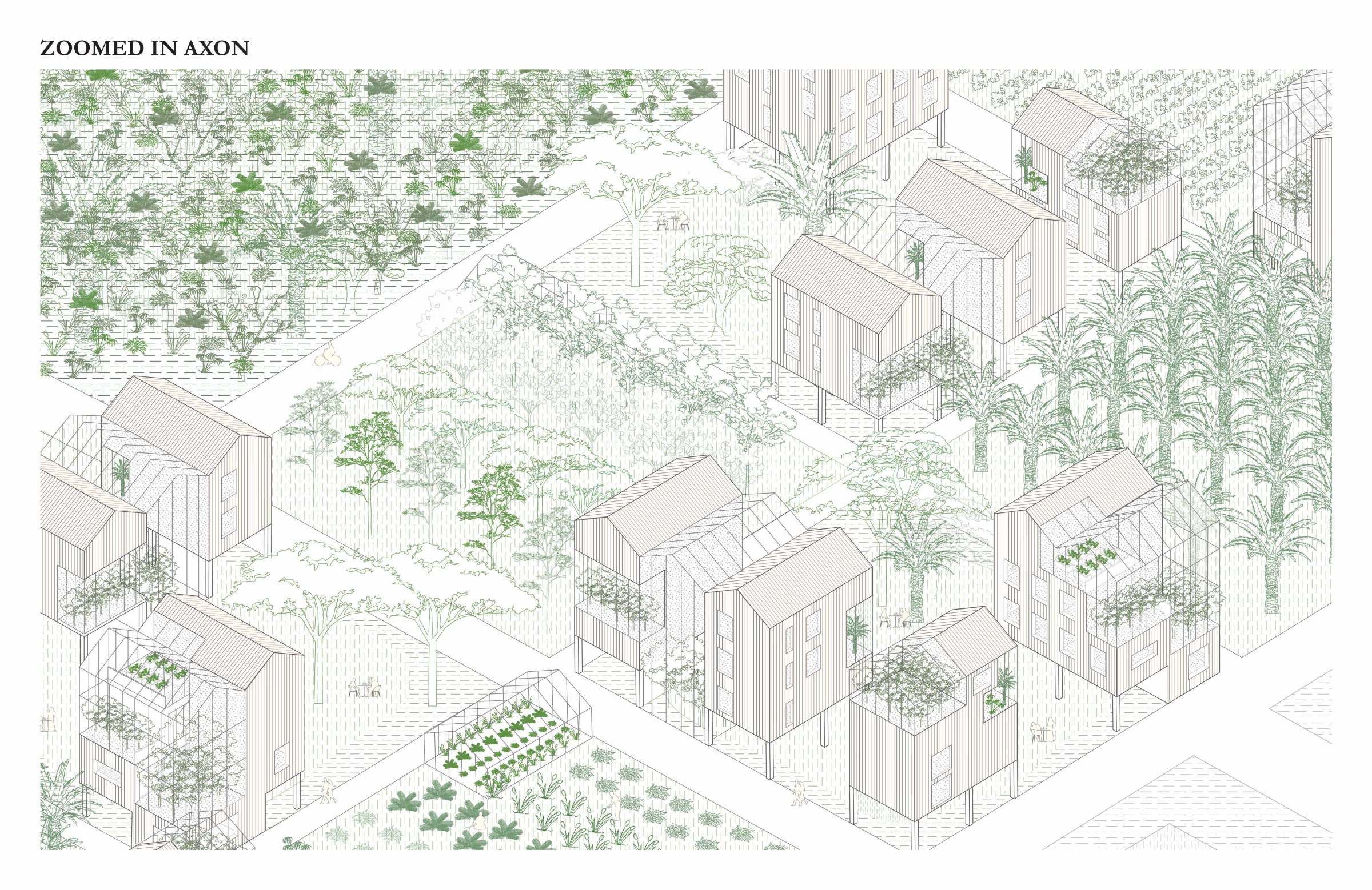 Zoomed in axonometric of a sustainably built community, integrating food and vegetation systems and dwellings.
