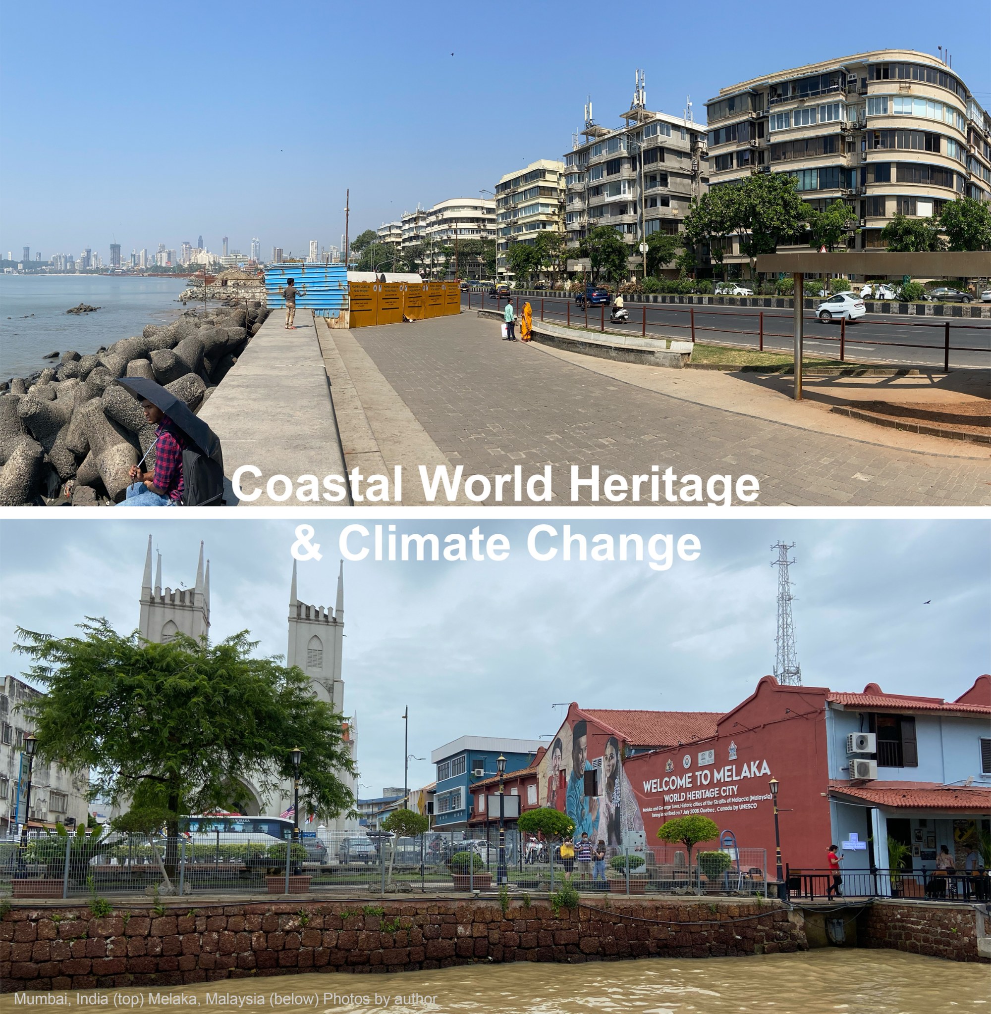 Composite of two photos of waterfront urban areas to represent research work by Aarthi Janakiraman.