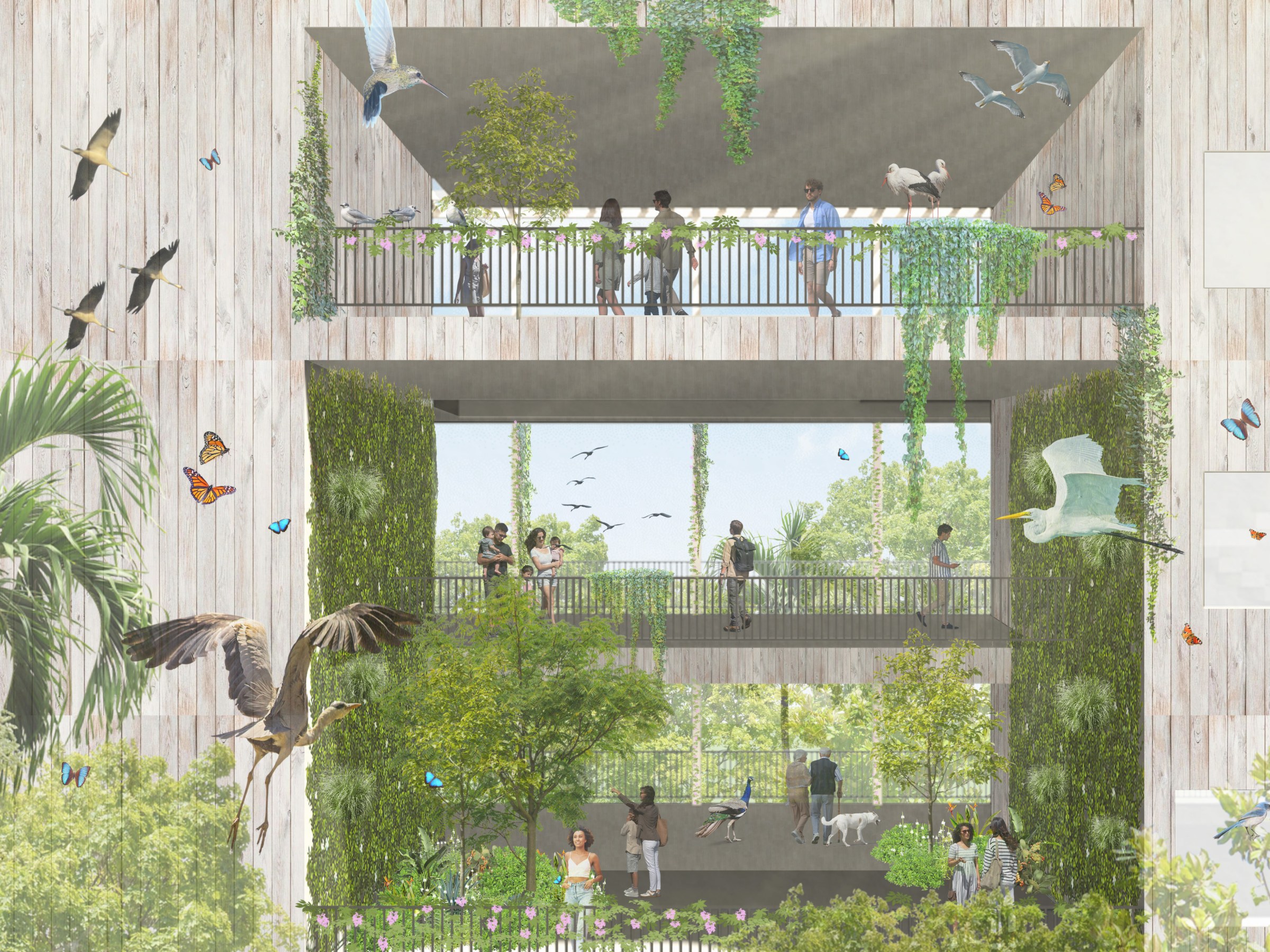 Digital perspective drawing, looking out a three-story courtyard through the vegetation-covered walkways on each floor.