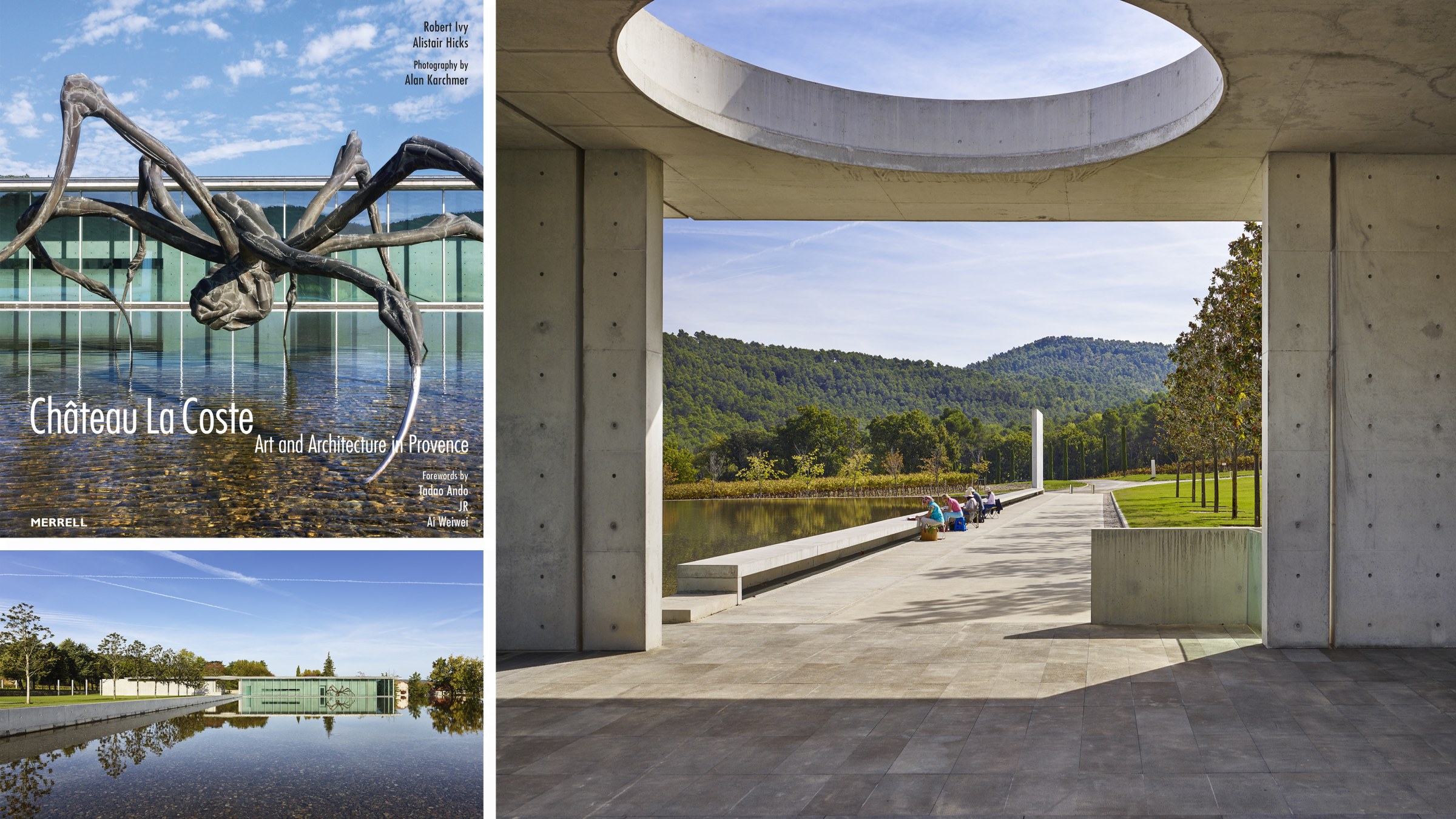 Cover of book by alumni Alan Karchmer and Robery Ivy titled "Château La Coste" with two additional photos of the grounds.