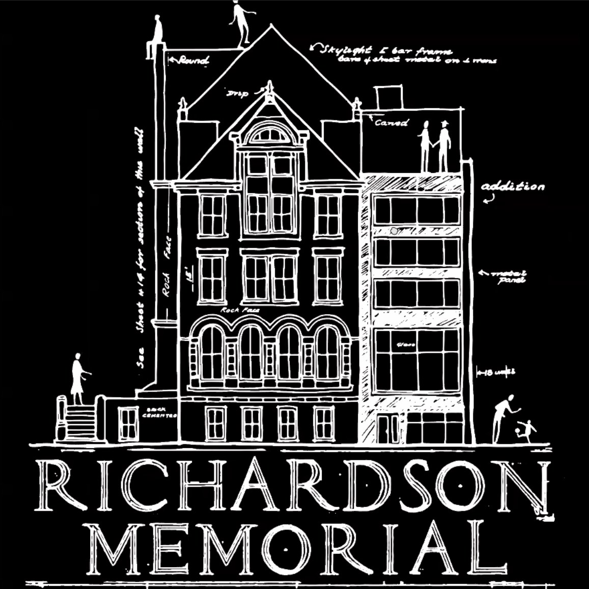 Side elevation line drawing of Richardson Memorial Hall by Nathan Rich.