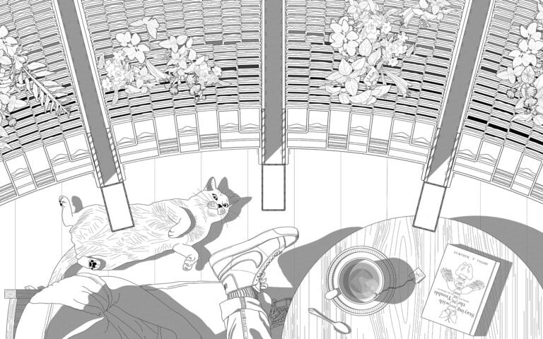 Line drawing of a residential space with kitchen table and cat.