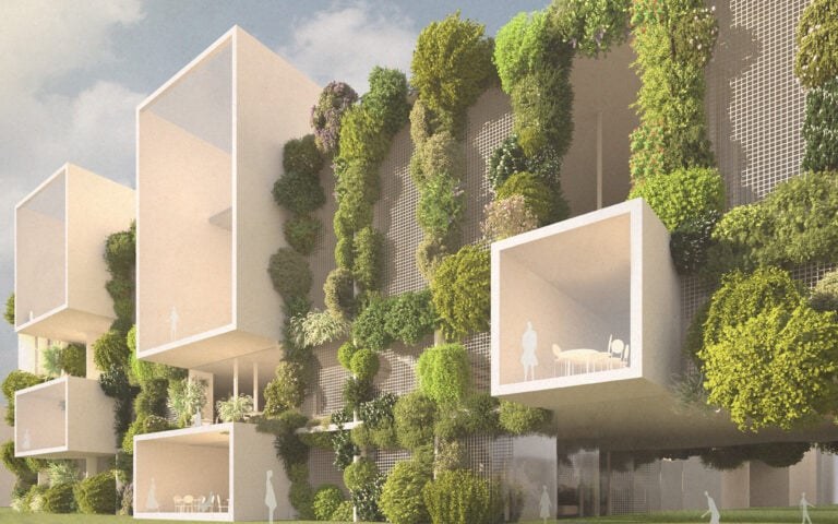 Perspective rendering of a modern building with terraced balconies and plant-lined facade.