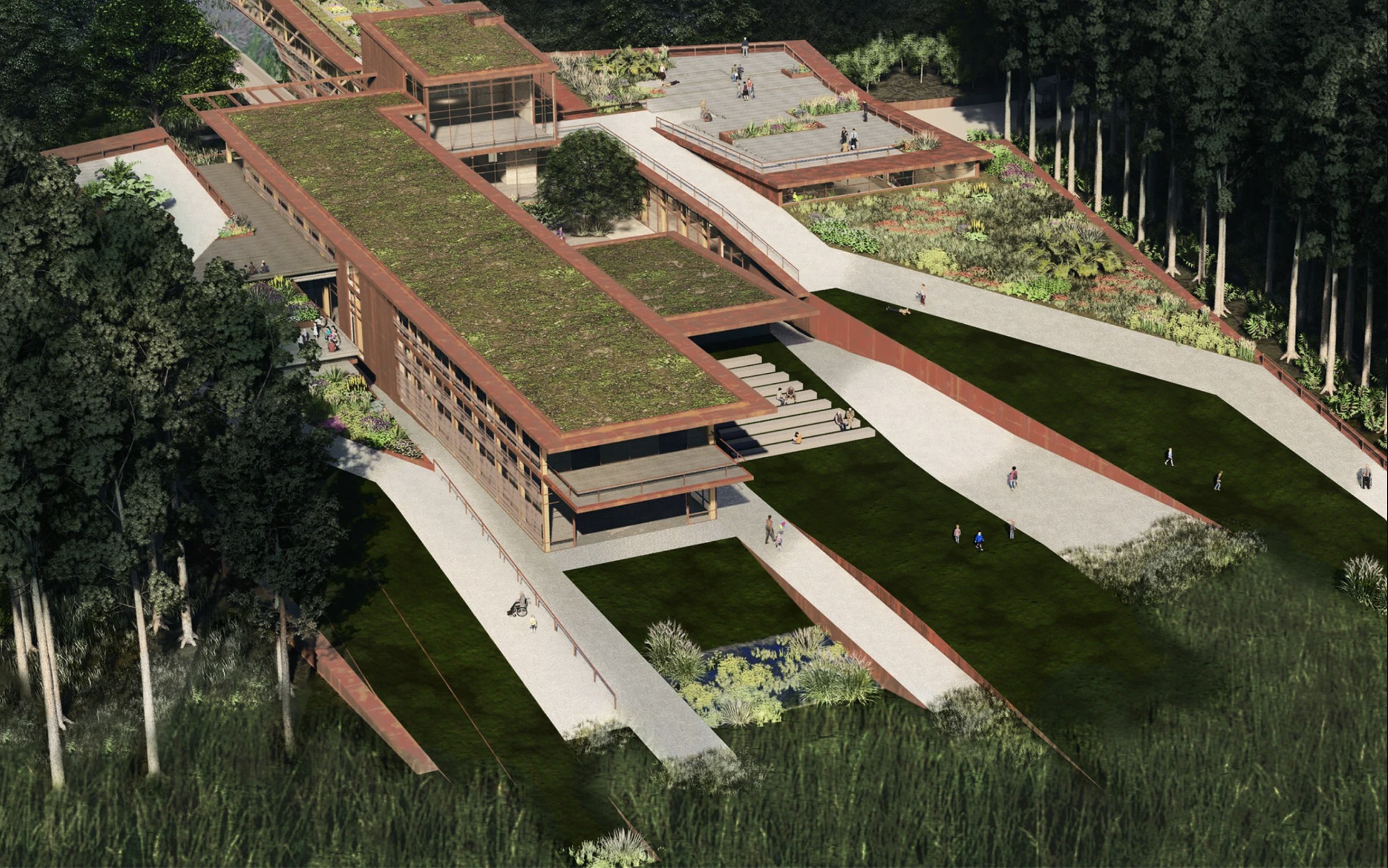 Aerial view perspective rendering of a green roof building surrounded by trees.