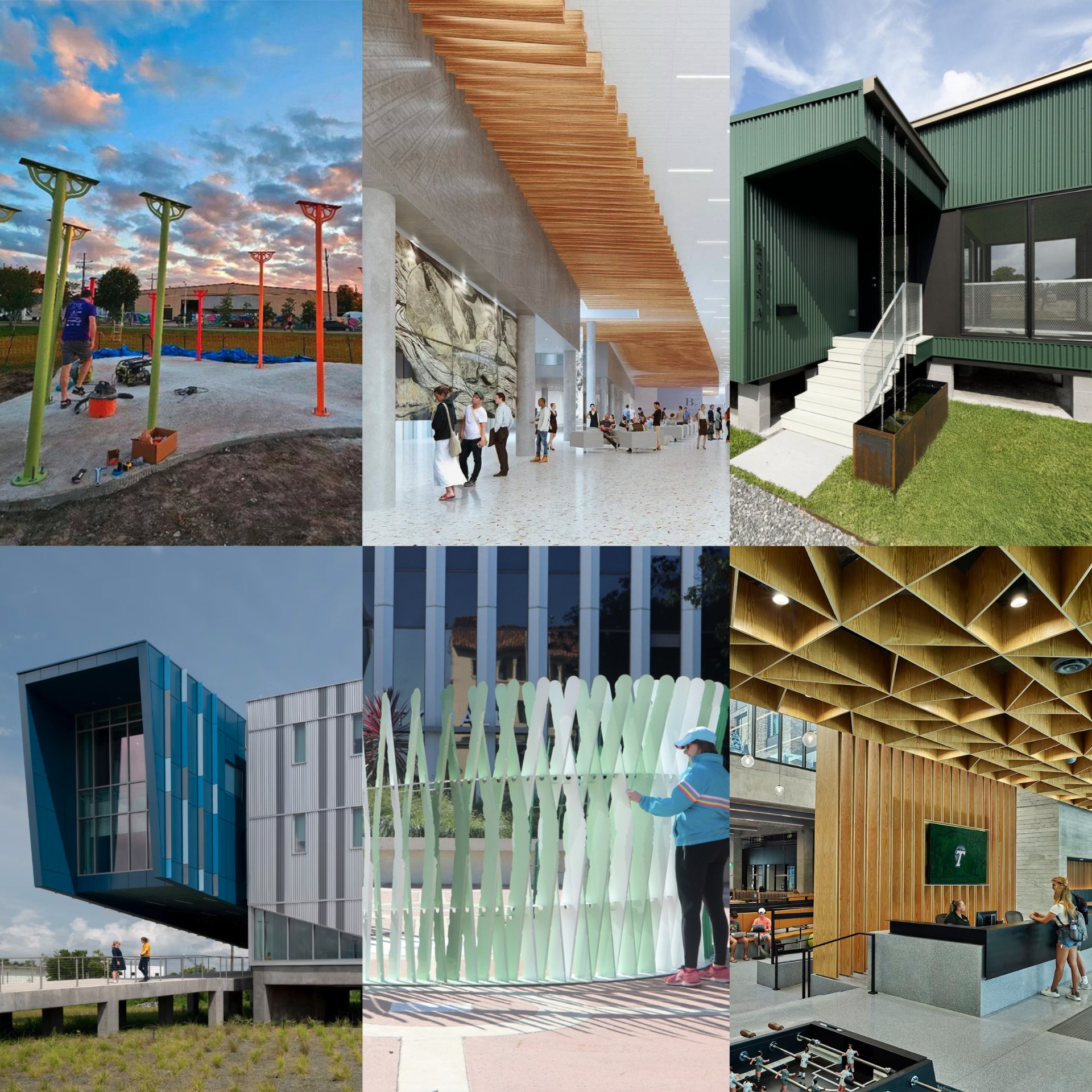 composite of six images of winning Tulanian designs from the AIA New Orleans 2025 Awards.