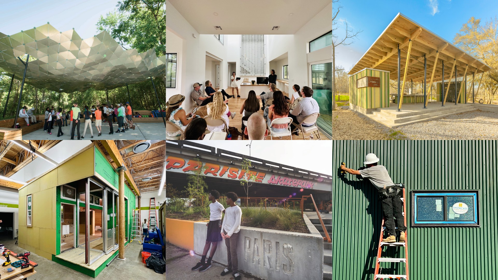 Six photos of six student and faculty projects from URBANbuild and the Albert and Tina Small Center for Collaborative Design.