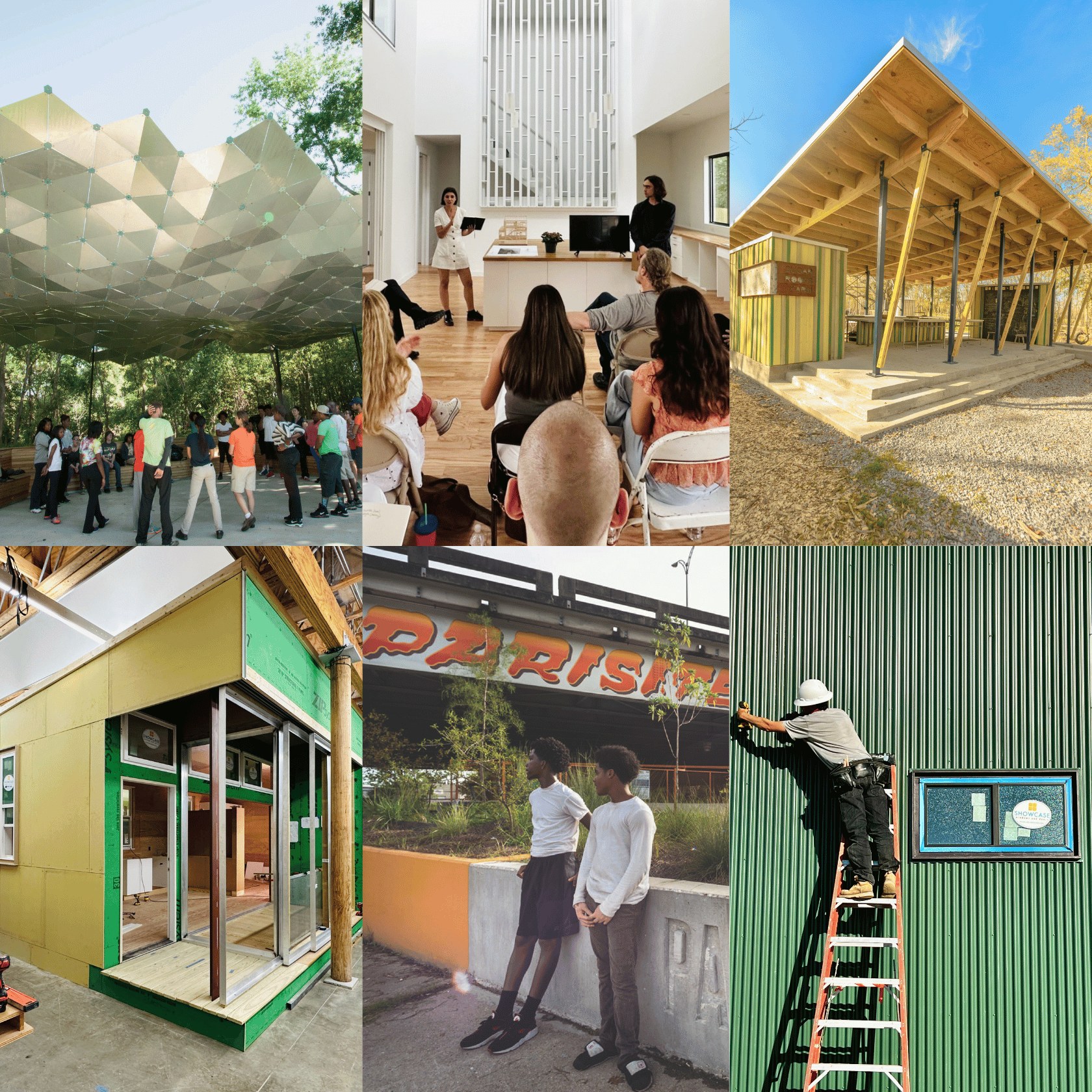 Six photos of six student and faculty projects from URBANbuild and the Albert and Tina Small Center for Collaborative Design. 