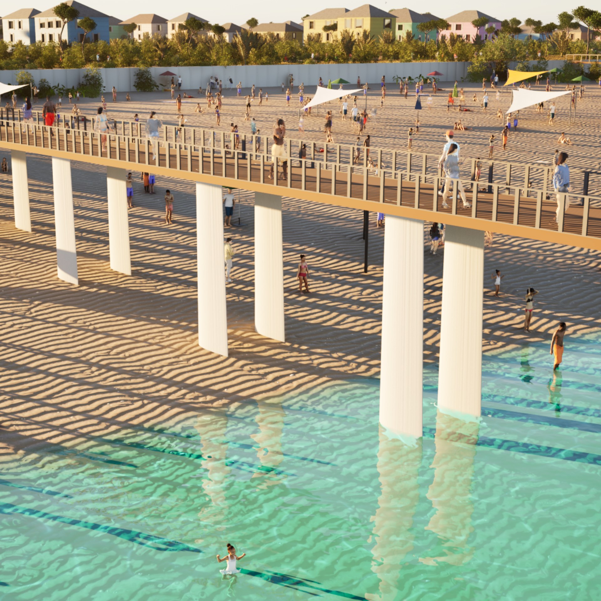 Perspective drawing of a fishing pier on a beach with the base pillars being reused wind turbine blades.