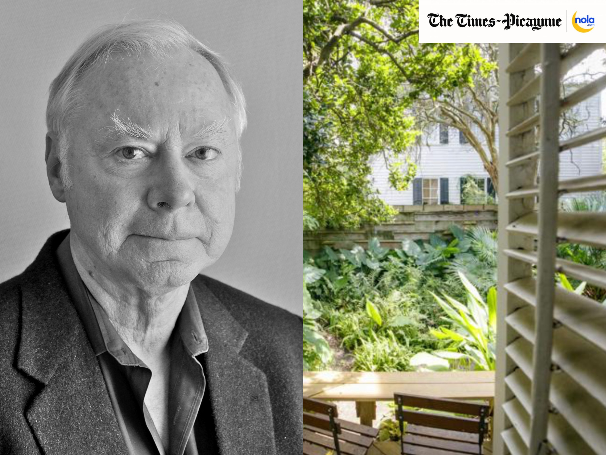 Composite of two photos: headshot of John Klingman on the left, and photo of Klingman's backyard from The Times-Picayune/Nola.com.