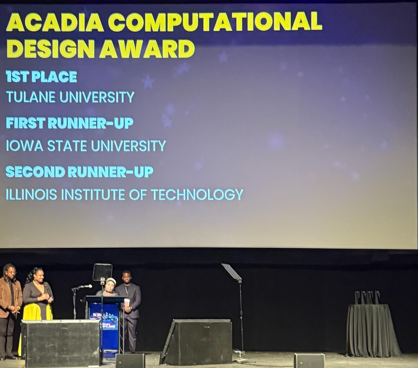Announcement that Tulane has won the ACADIA Computational Design Award