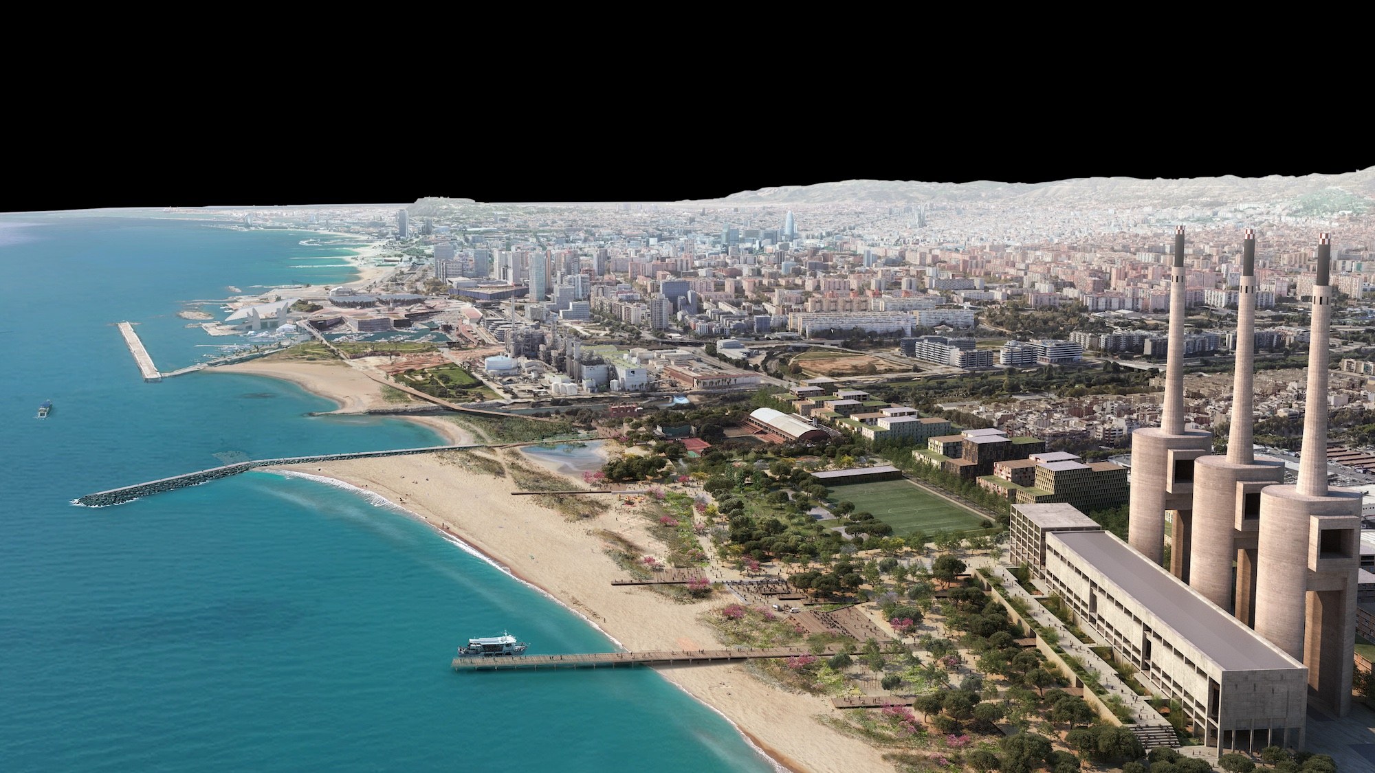 vista of the barcelona coastline with three chimneys in the corner