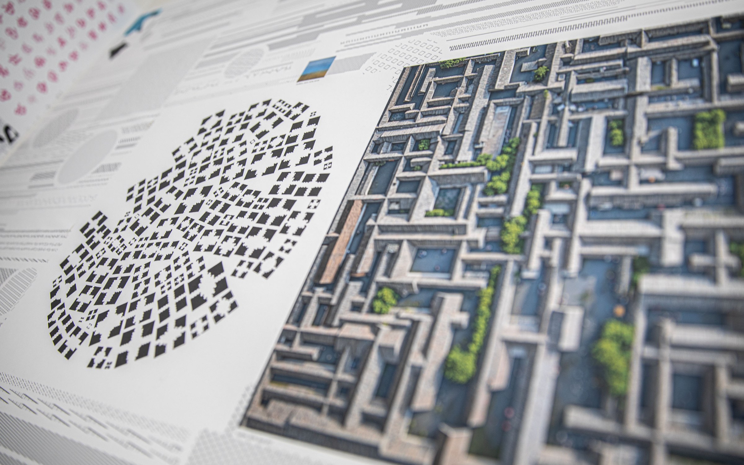 Close-up picture of two detailed building and built environment designs