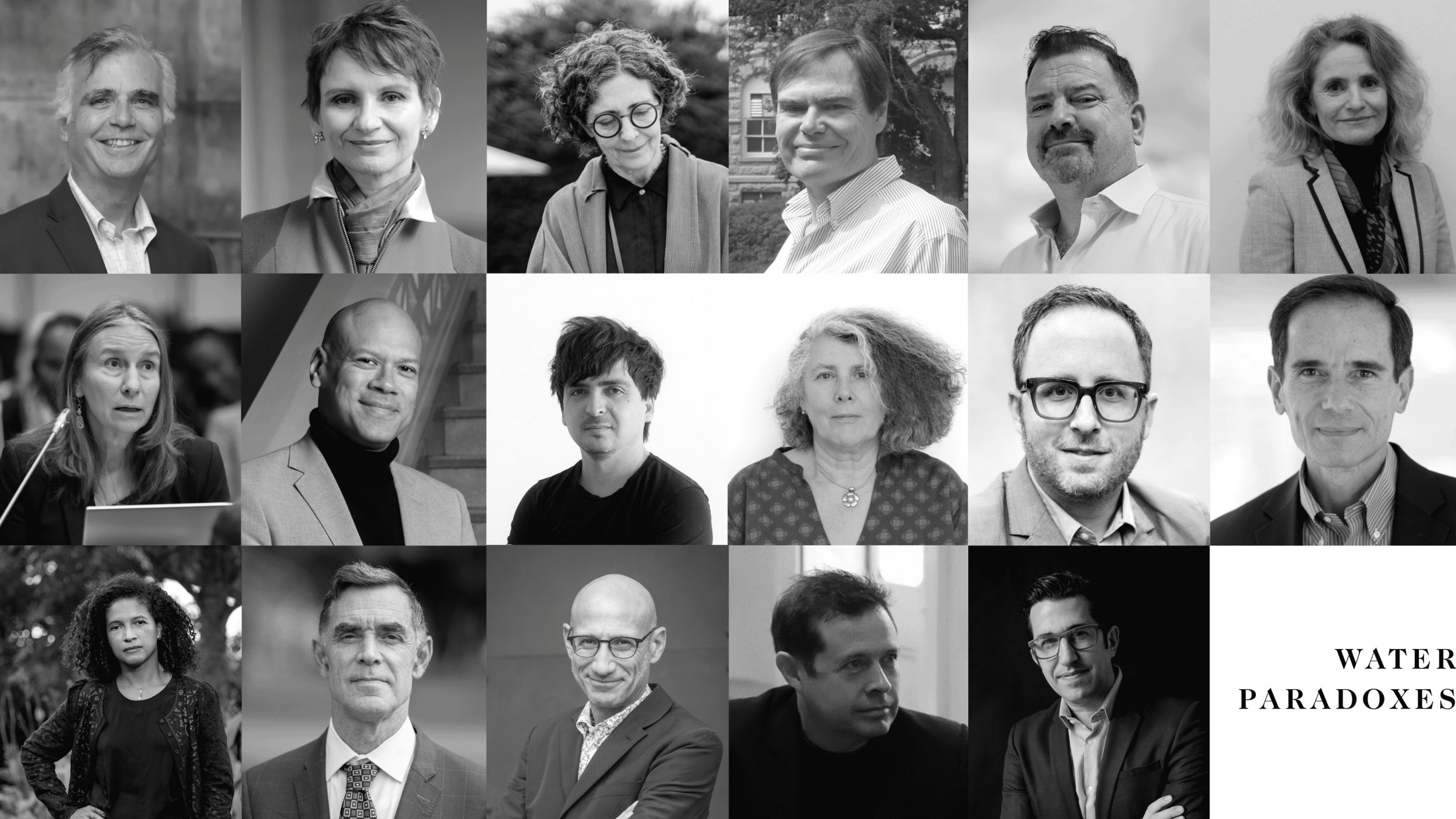Headshots of 15 people who are speakers at the Water Paradoxes Symposium on April 11, 2026.