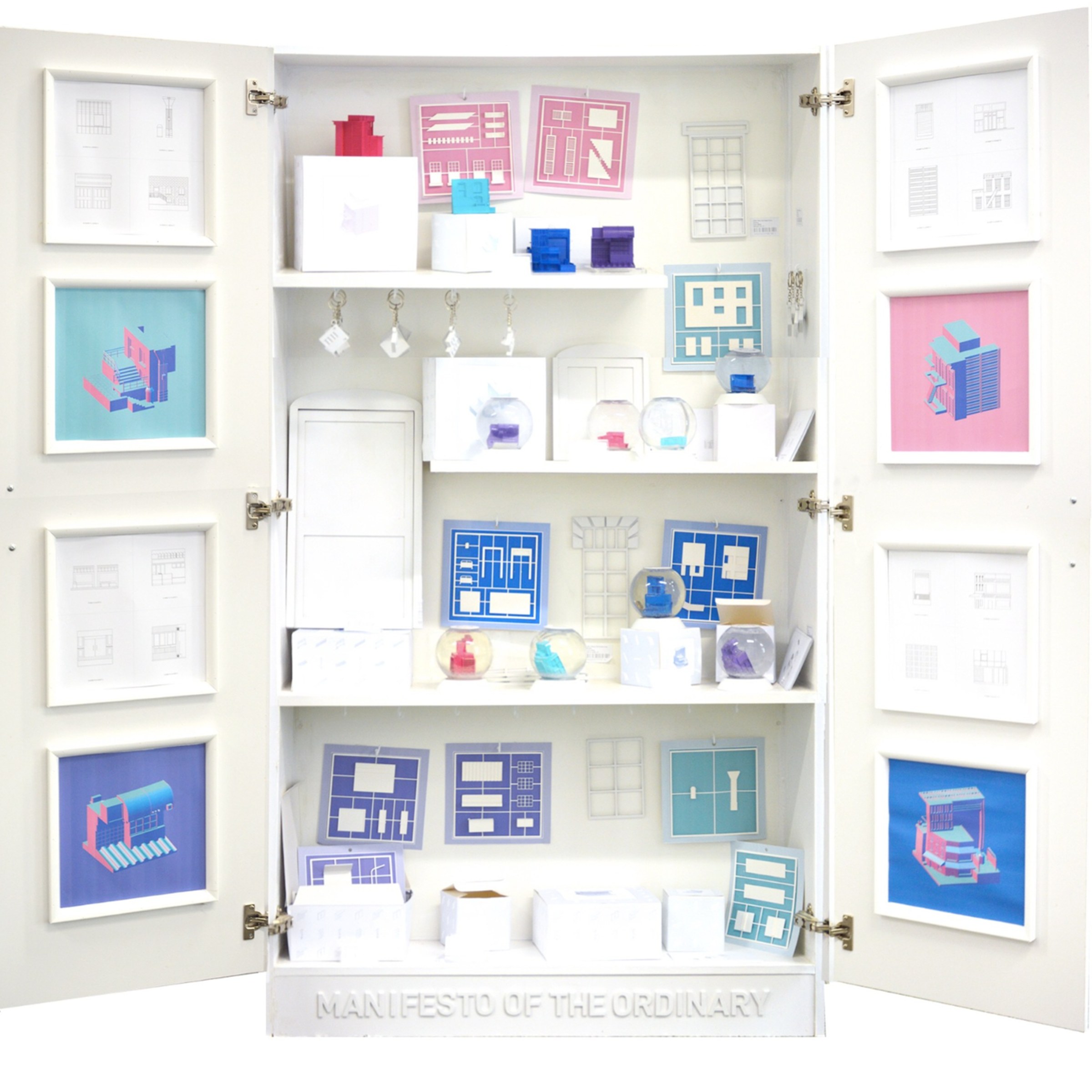 Elevation of a student's thesis exhibition, a white cabinet filled with images and models of work