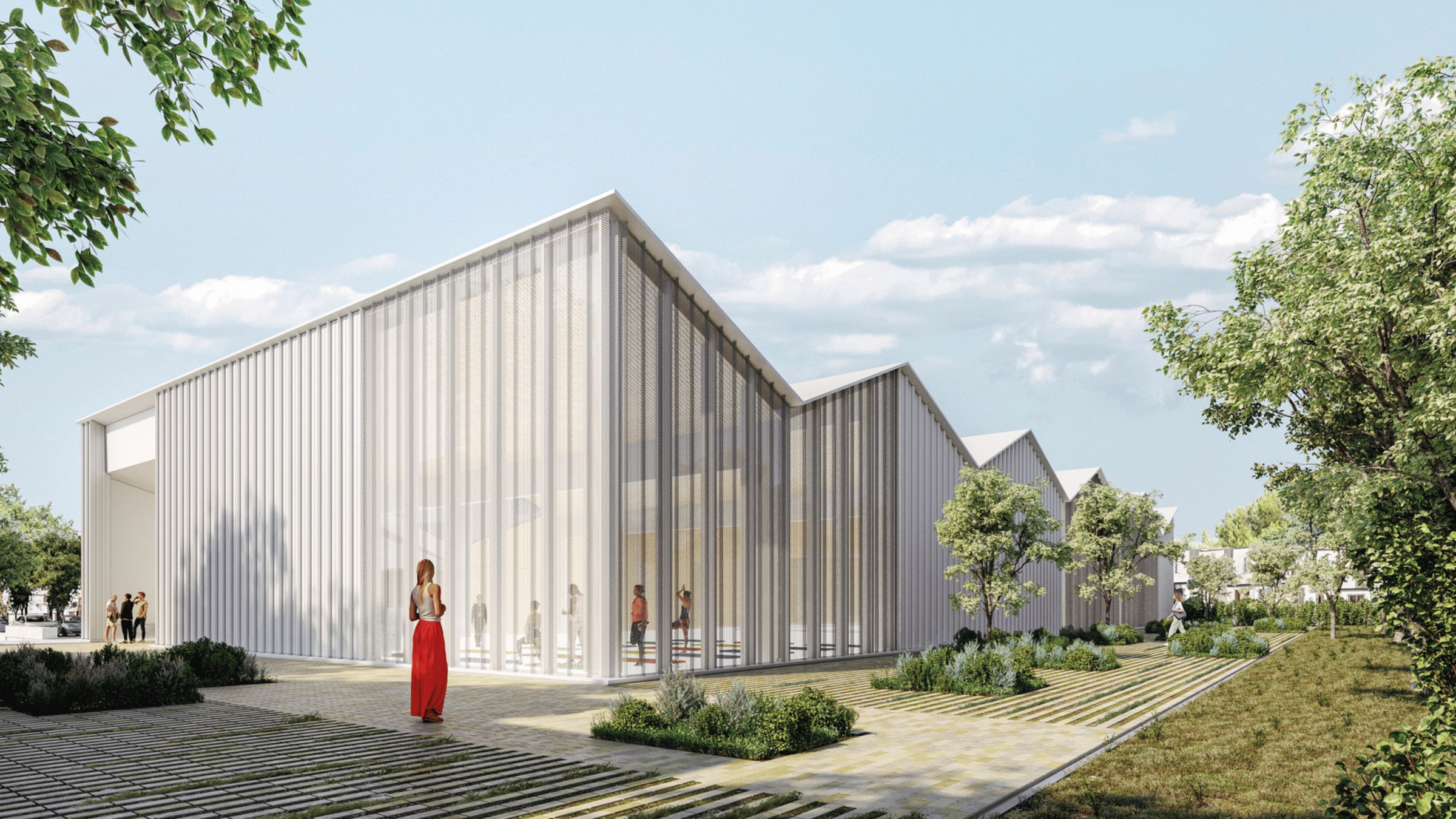 Outdoor render of a building cladded with transparent material.