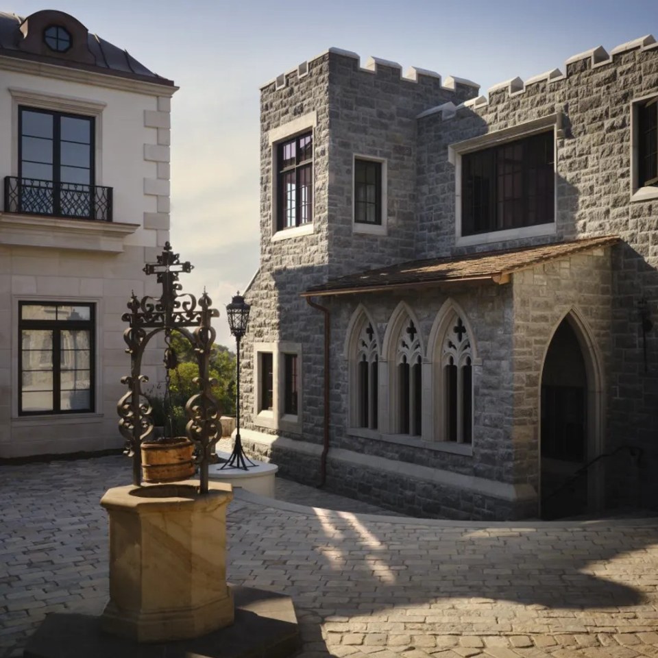 View of a courtyard of an estate built to resemble Game of Thrones castle and scenary.